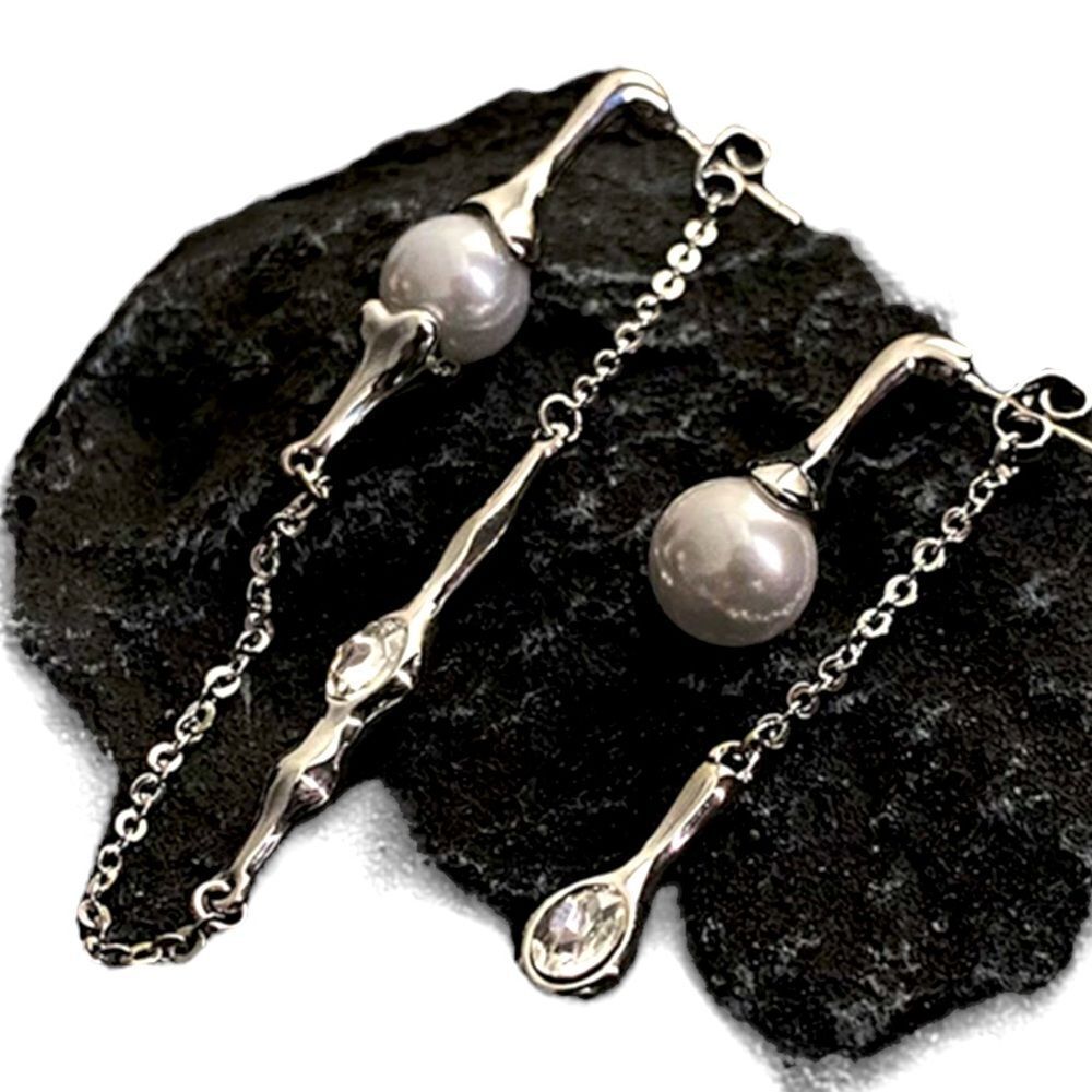 Silver Liquid Asymmetric Crystals Pearls Hanging Earrings